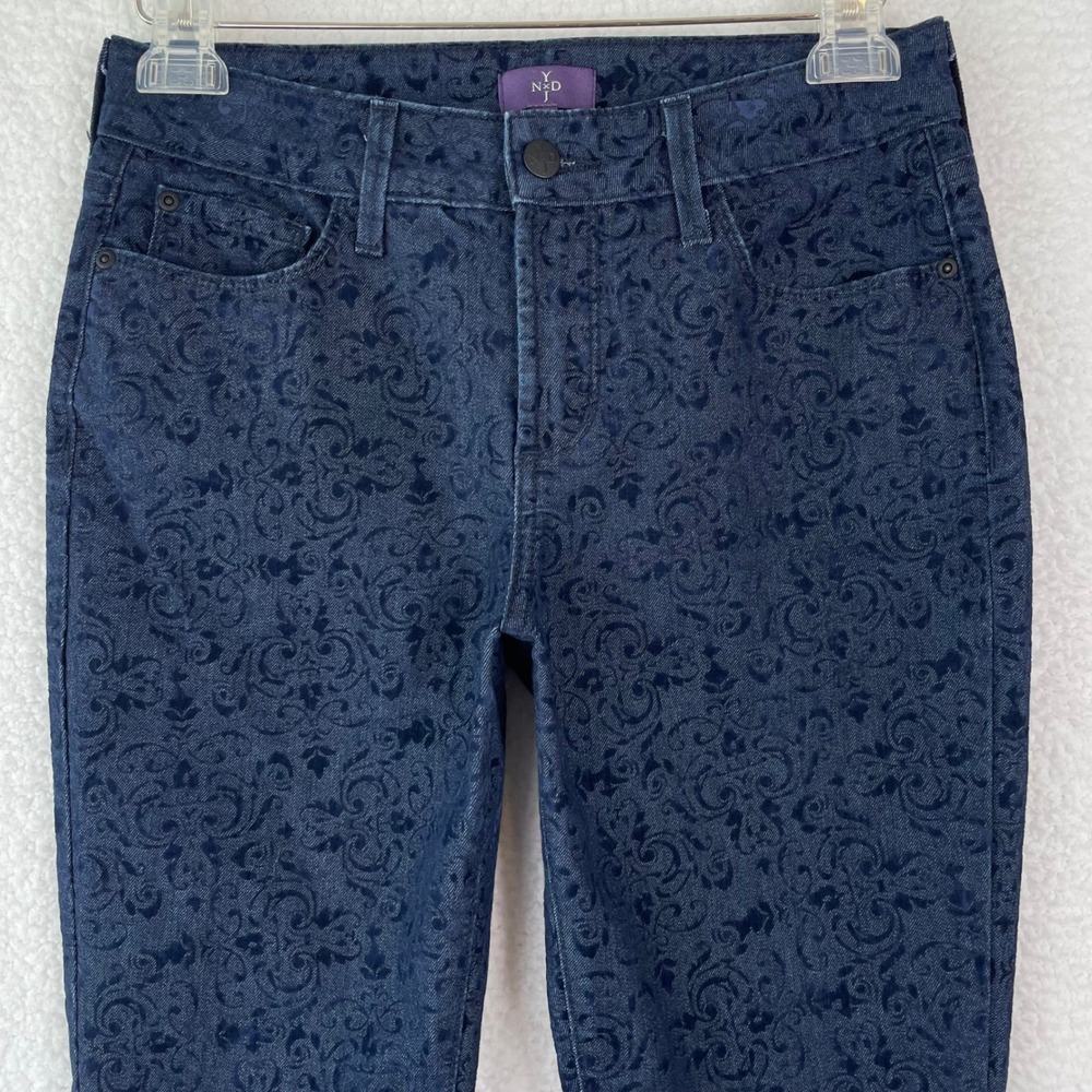 NYDJ Slim Straight Blue Flocked Damask Scroll Jeans Womens 4P Petite Indigo